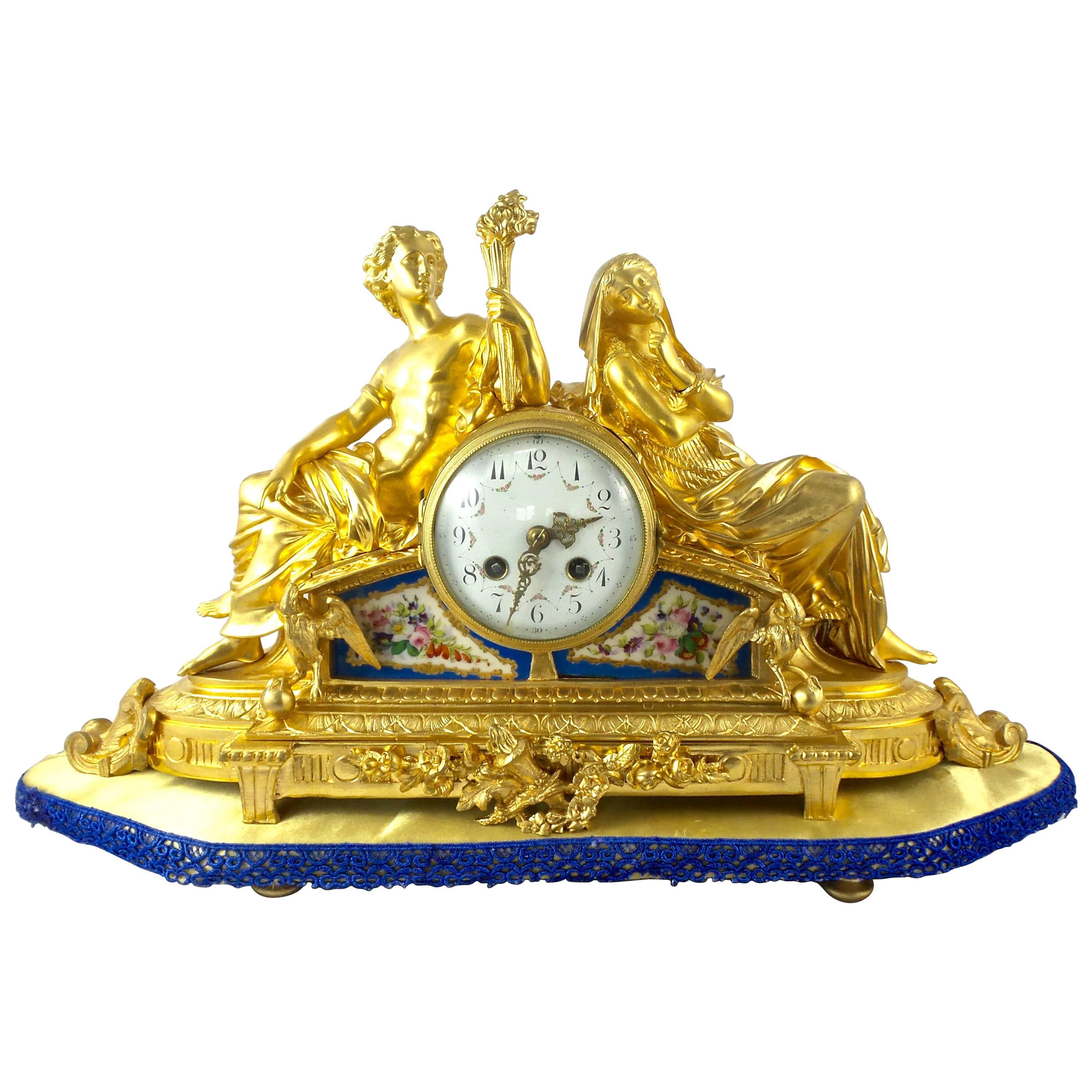 19th Century French Mantel Clock Gilt Ormolu Bronze and Blue Sevres Porcelain