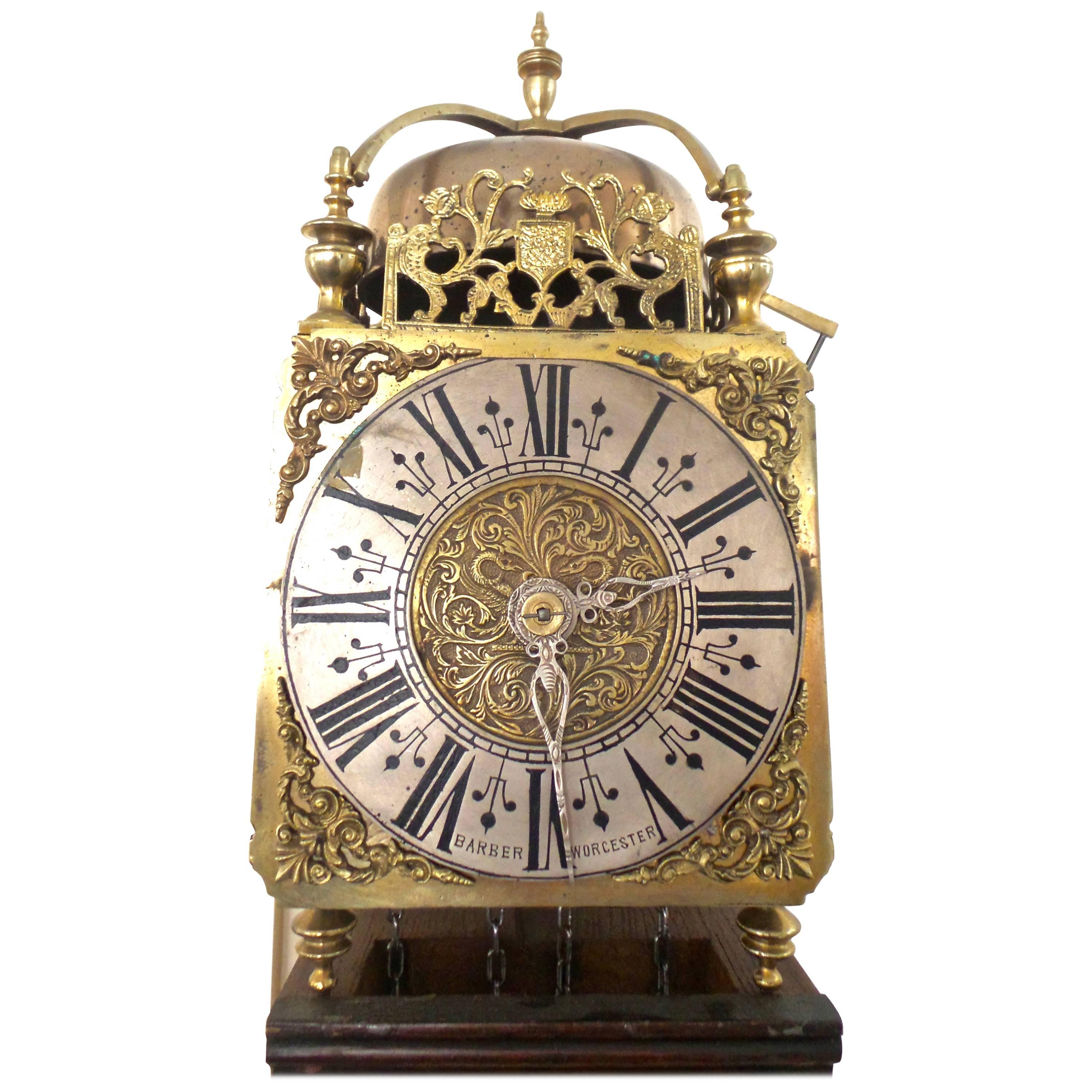 1801 English Brass Lantern Striking Wall Clock & Oak Bracket-Barber of Worcester For Sale