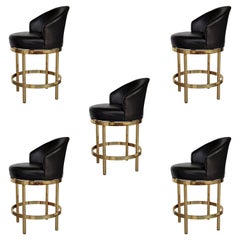 Five Barstools Leather and Brass with Swivel Seats