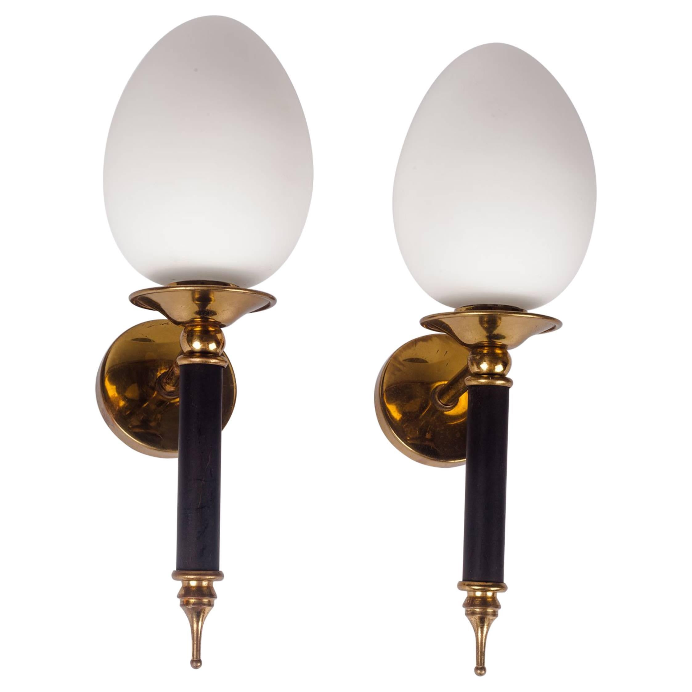 Pair of Arlus Sconces, Brass and Milk Glass, France, 1950s