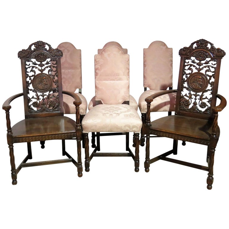 Six Carved Oak Tudor Dining Chairs For Sale at 1stDibs