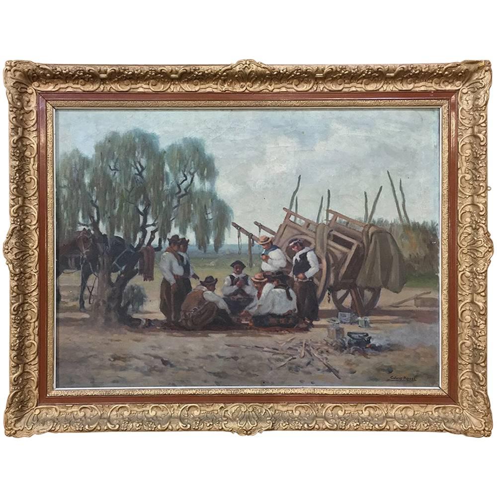 Antique Framed Oil Painting on Canvas by Silvio Rossi
