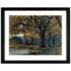 Antique Jean Villeri, Watercolor and Chalk Landscape on Paper