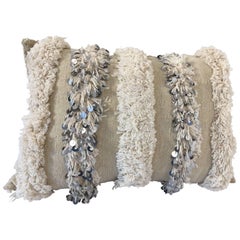 Moroccan Wedding Pillow with Silver Sequins and Long Fringes