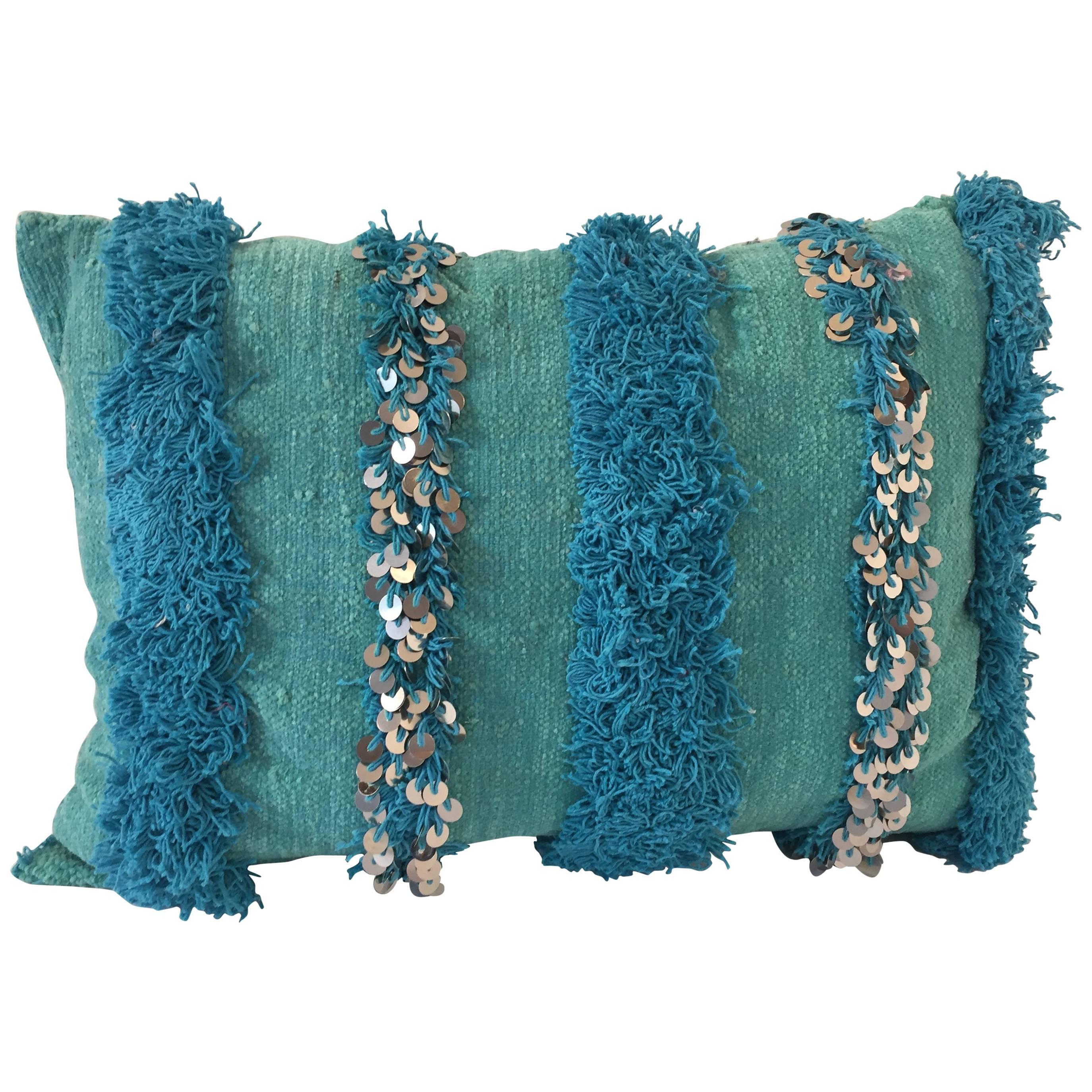 Moroccan Aqua Blue Pillow with Silver Sequins and Long Fringes