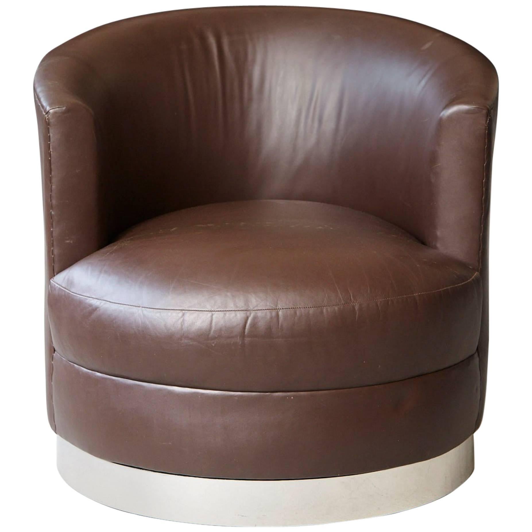 Chocolate Brown Leather Swivel Club Chair In The Style Of Karl Springer 