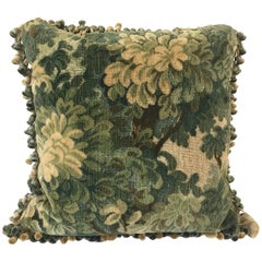 French Antique Aubusson Pillow with Green Floral Design