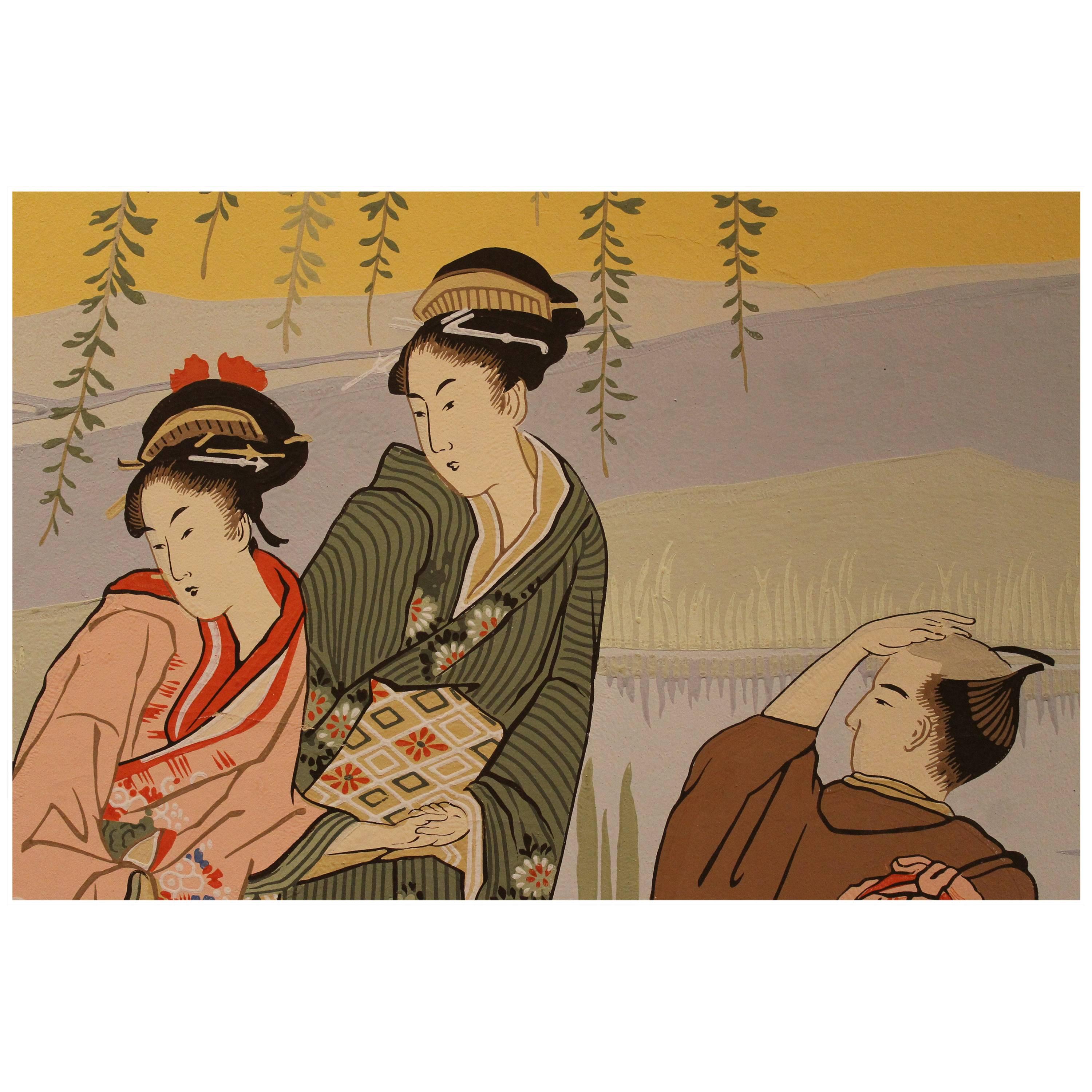 Diese antike und charmante Tapete aus der französischen Manufaktur Zuber aus dem frühen 20. Jahrhundert besteht aus fünf Rollen, die mit alten Holzblöcken handbemalt sind. Die Tafeln zeigen eine japanische Landschaft mit Figuren in traditioneller