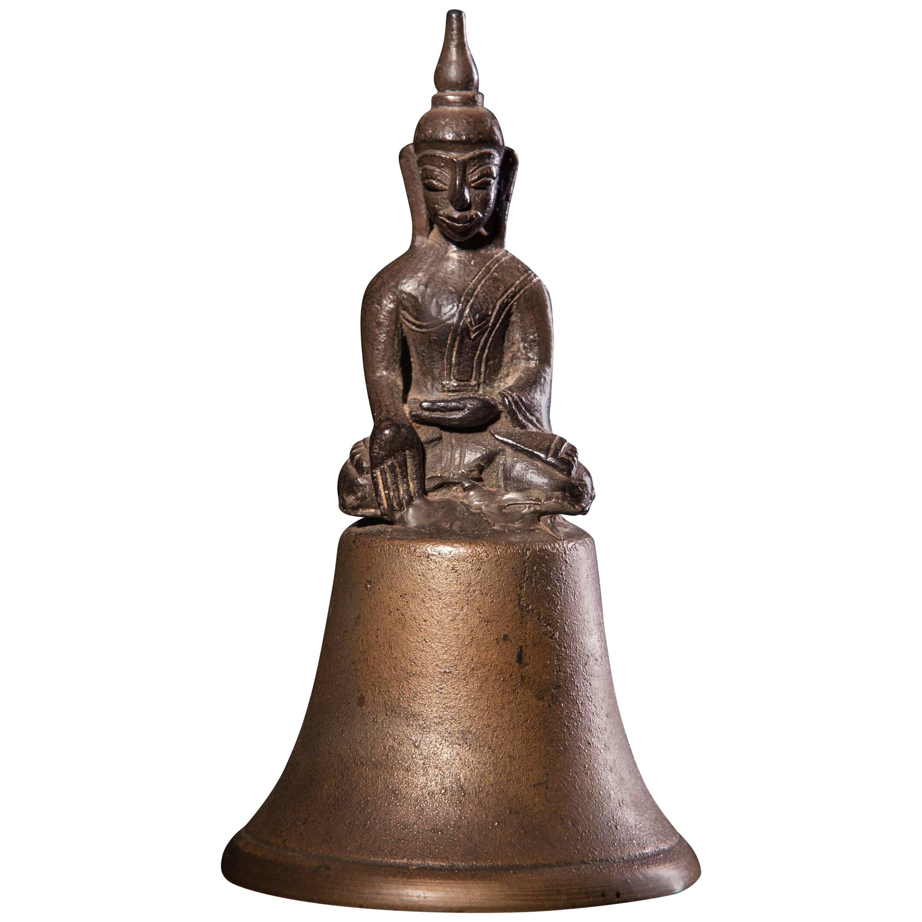 Unusual Bronze-Silver Alloy Buddha Seated on a Bell For Sale