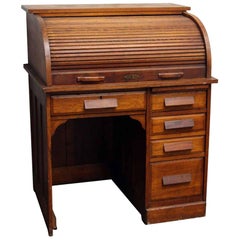 1920s Solid Oak Roll Top Desk with Recessed Panels and Five Drawers
