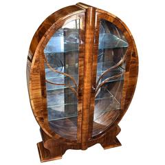 Original Art Deco English Walnut Oval Display Cabinet