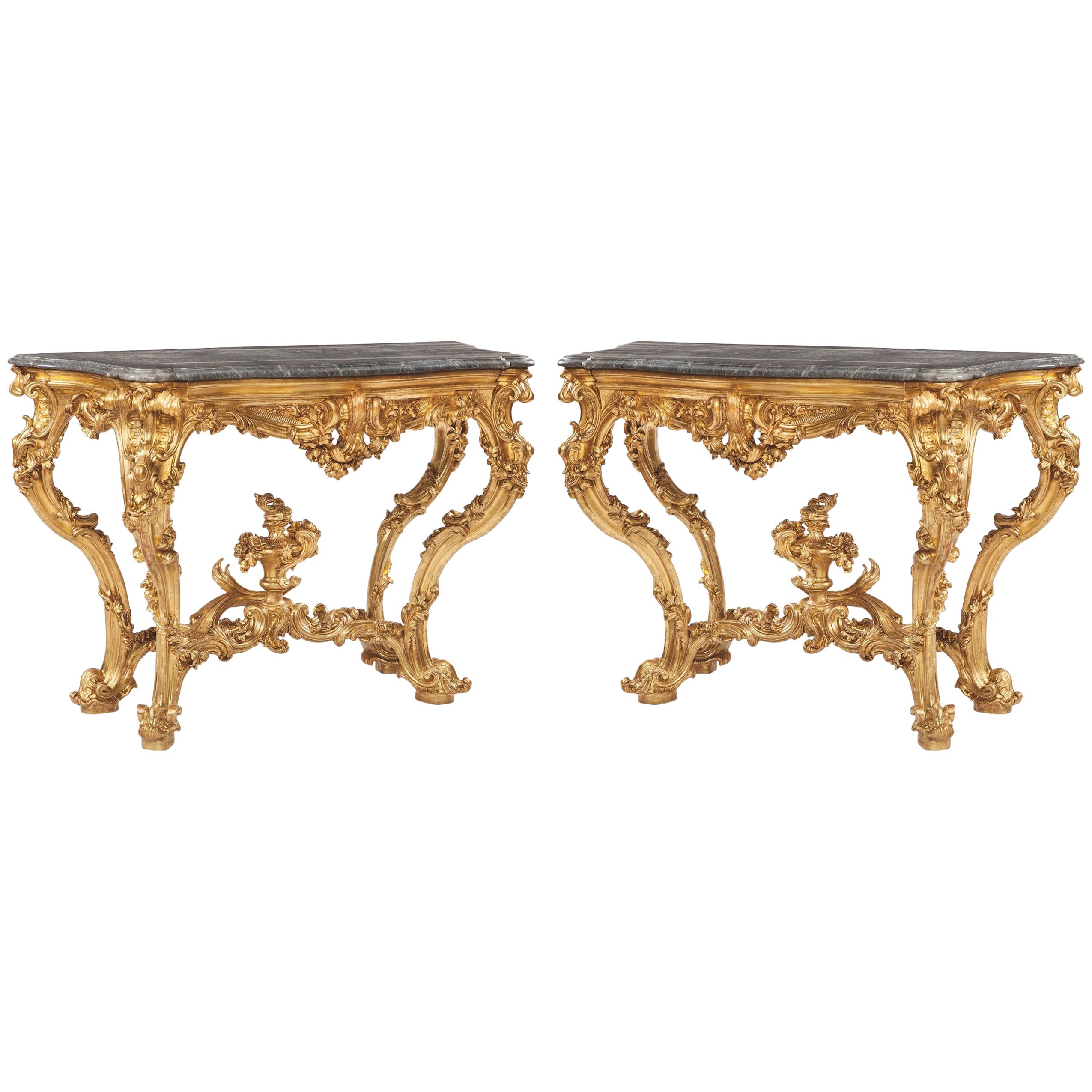 Pair of 18th Century Rococo Northern Italian Giltwood and Marble Console Tables