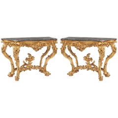 Pair of 18th Century Rococo Northern Italian Giltwood and Marble Console Tables