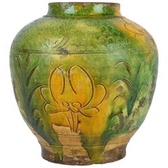 Rare Chinese Ming Dynasty or Earlier Earthenware Pottery Sancai Glaze Jar