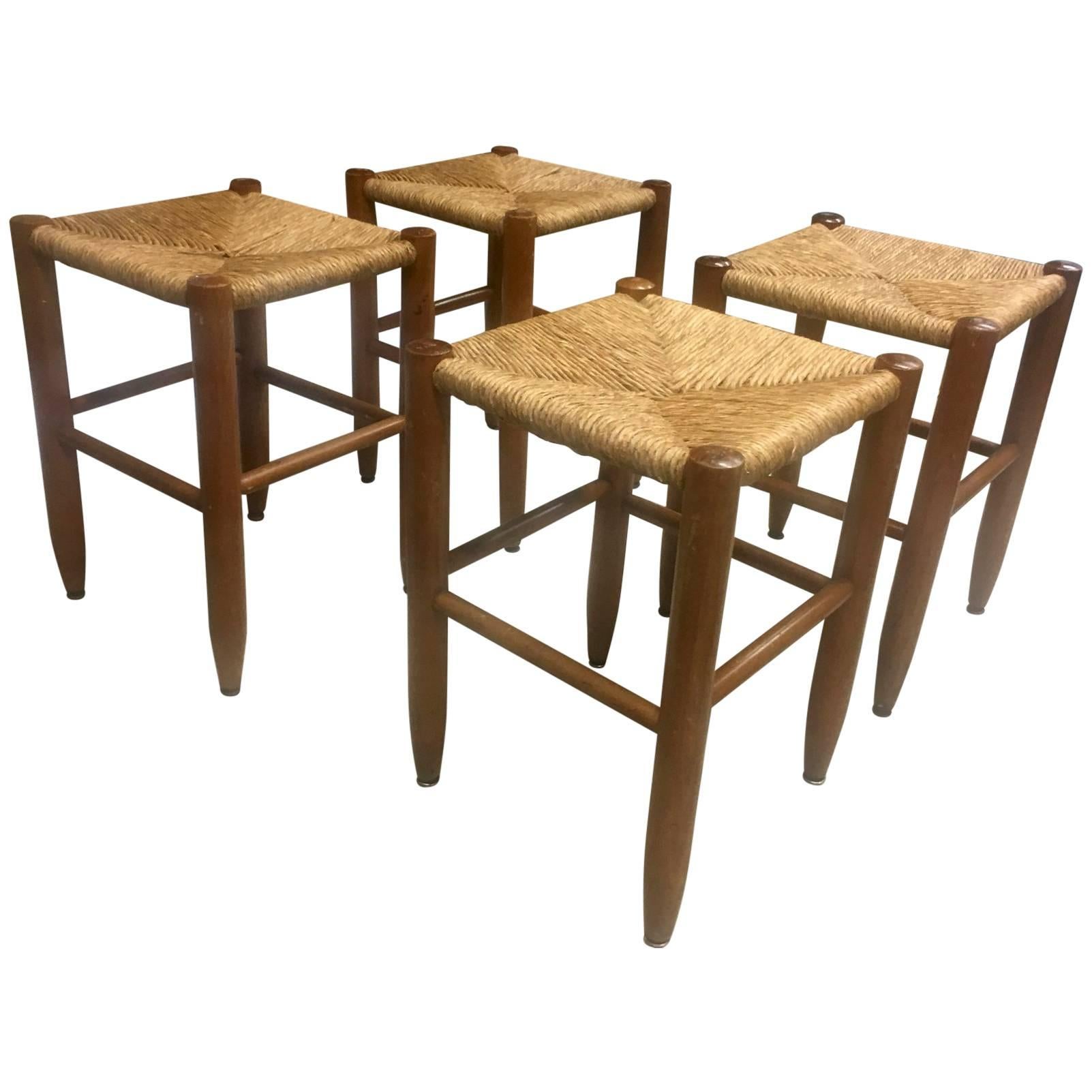 Charlotte Perriand Set of Bauche Rush Stools in Vintage Condition Rare Rocking For Sale