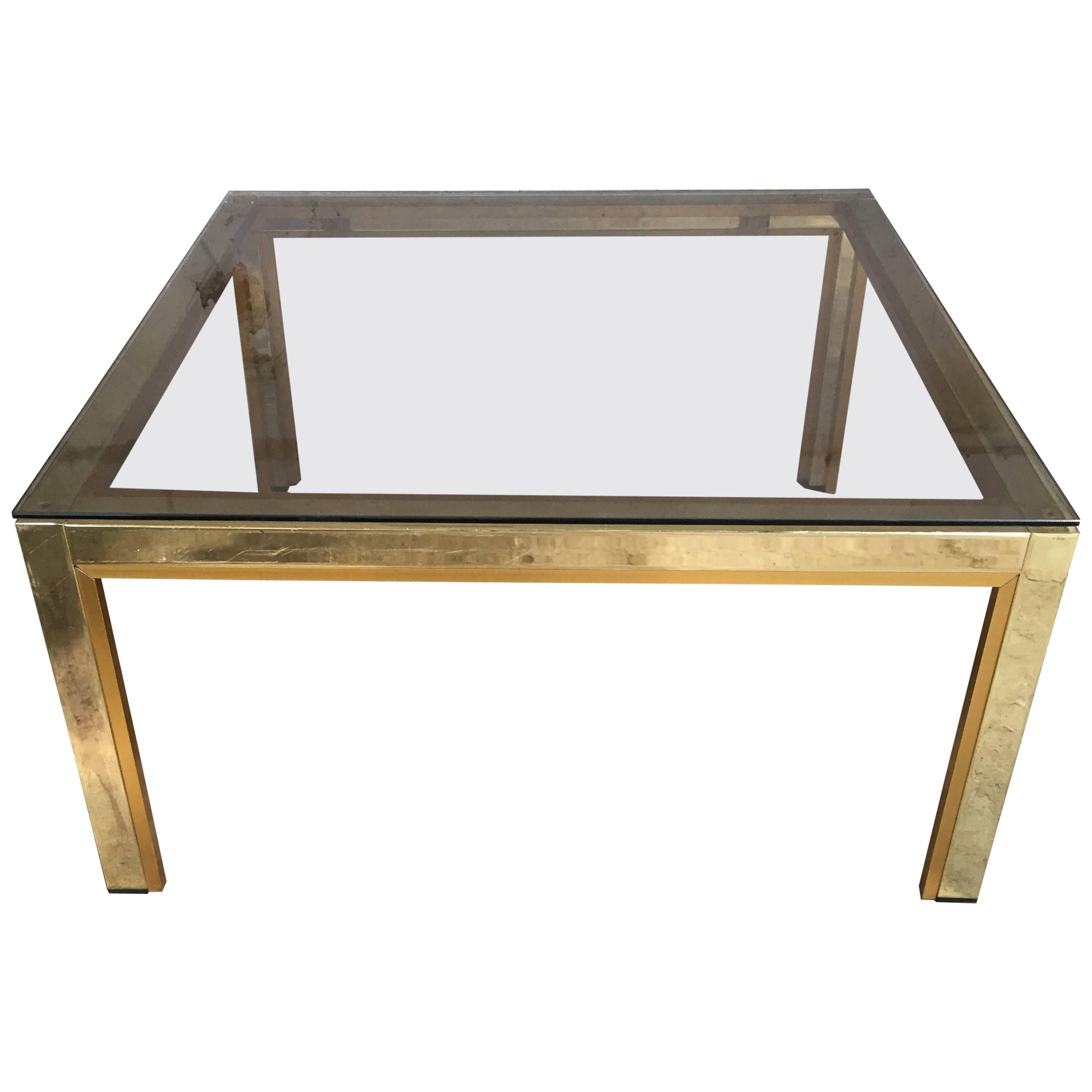 Italian 1970s Brass and Metal Side or Coffee Table with Smoked Glass Top