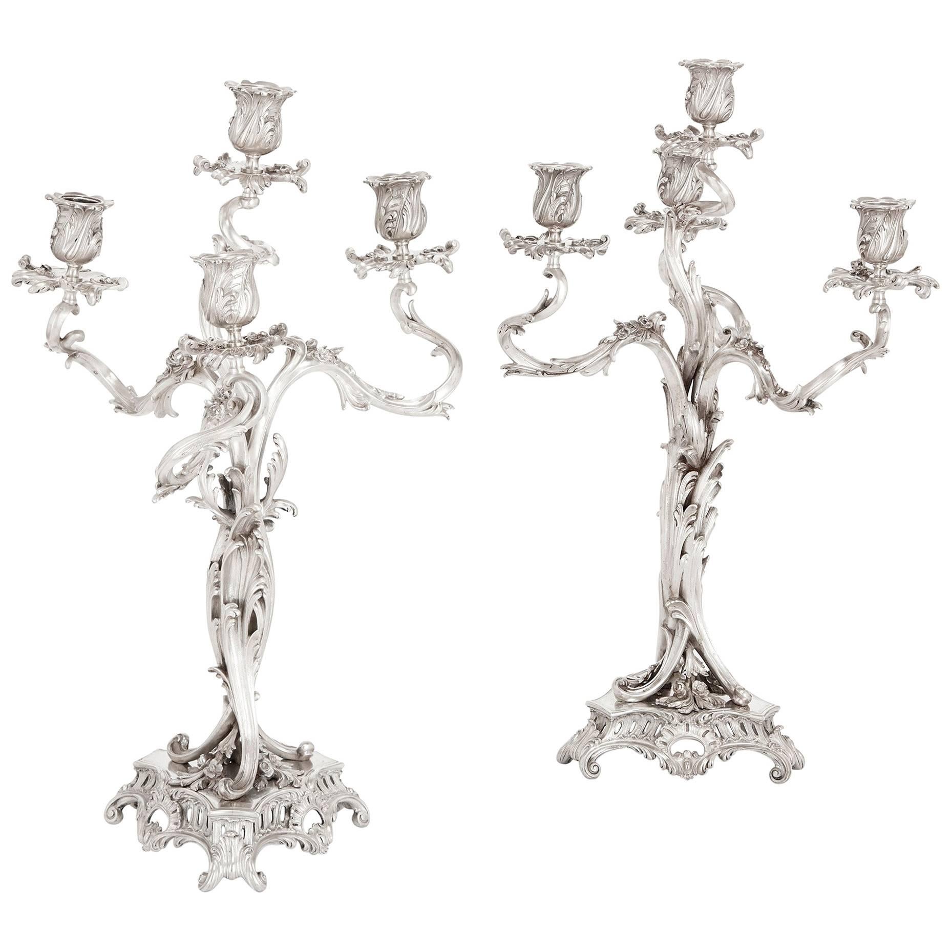 Rococo Style Pair of Antique French Silver Candelabra by Ernest Cardeilhac