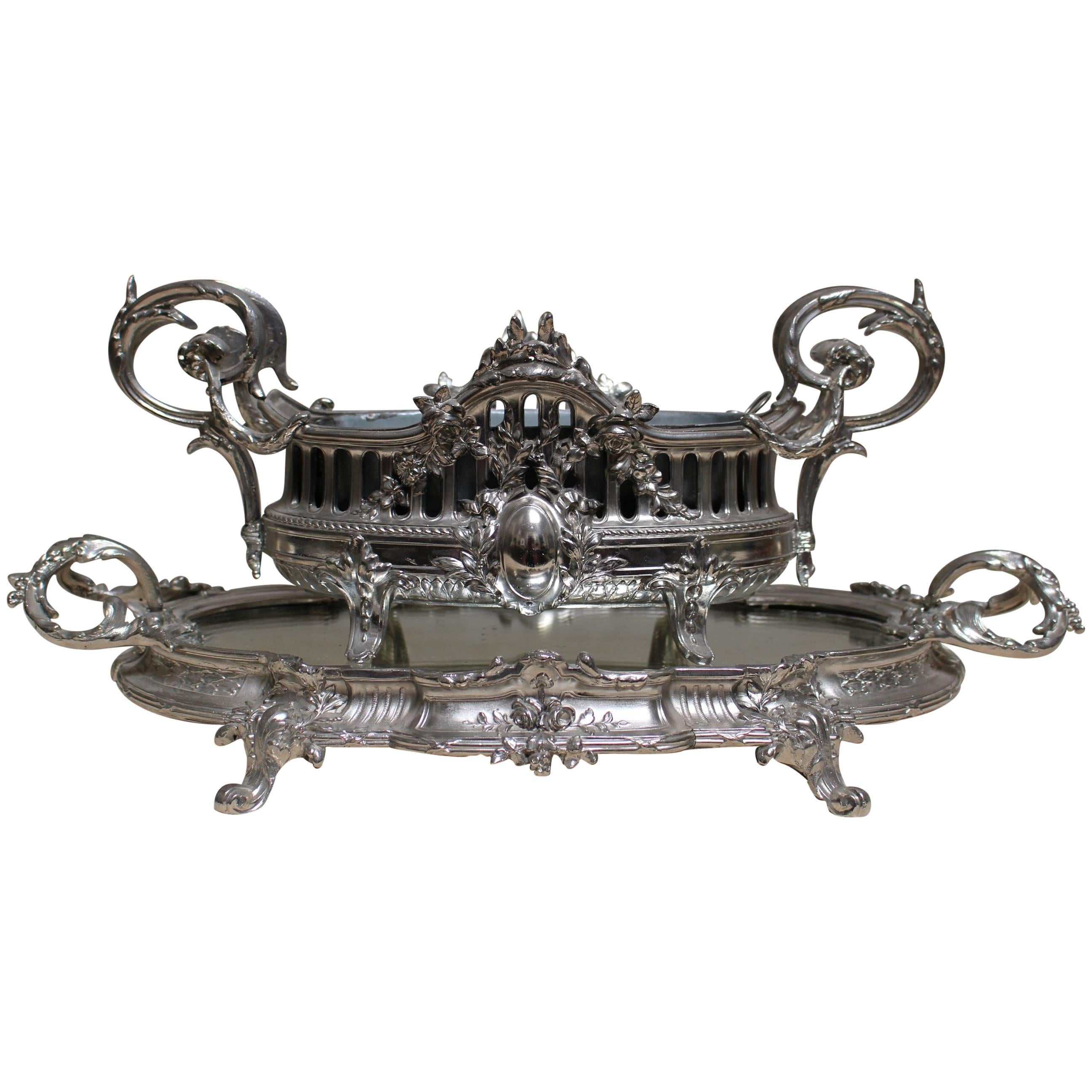 French Louis XVI Style Silvered Metal Jardiniere and Plateau