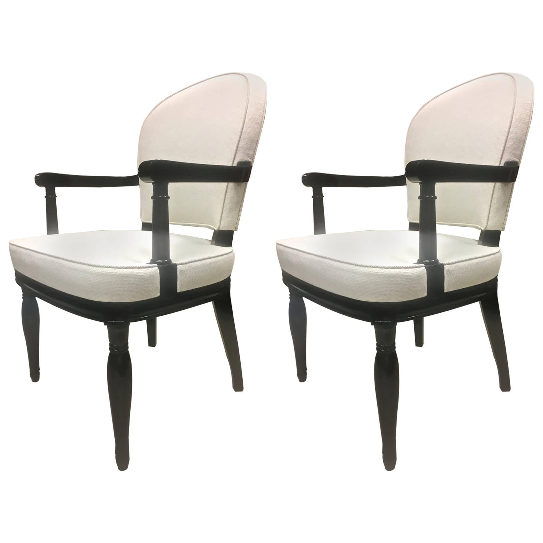 André Arbus Pair of Black Lacquered Neoclassic Armchair Fully Restored For Sale