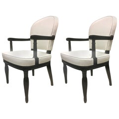 André Arbus Pair of Black Lacquered Neoclassic Armchair Fully Restored