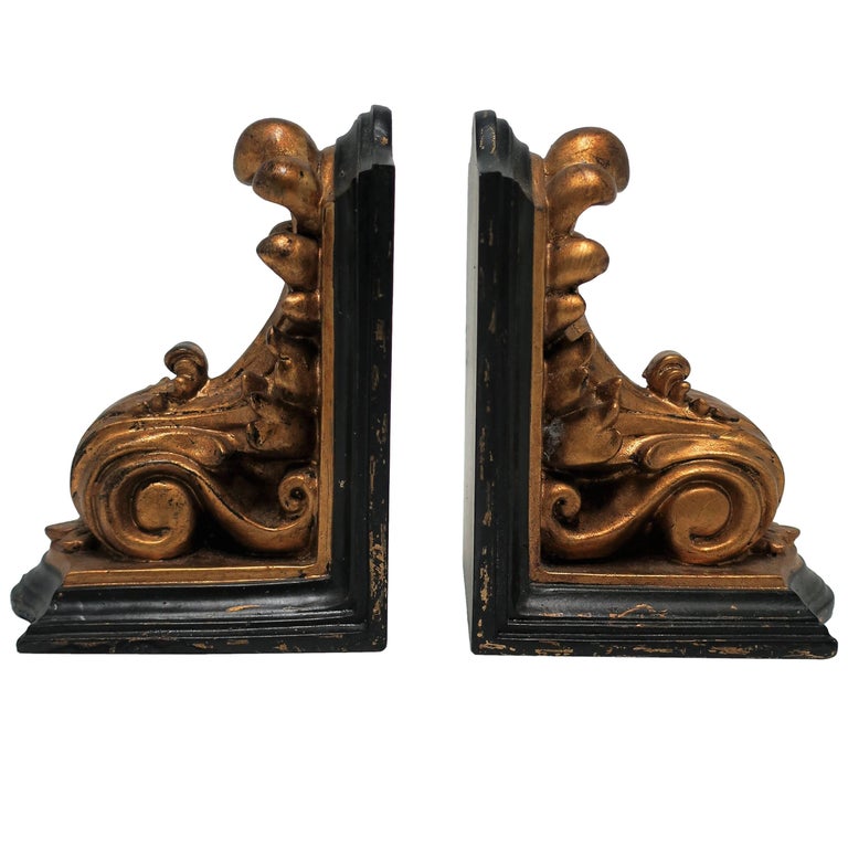 Vintage Pair of Black and Gold Rococo Style Bookends For Sale at 1stdibs