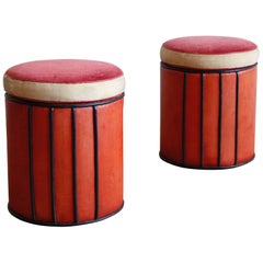 Pair of French Art Deco Leather and Velvet Stools