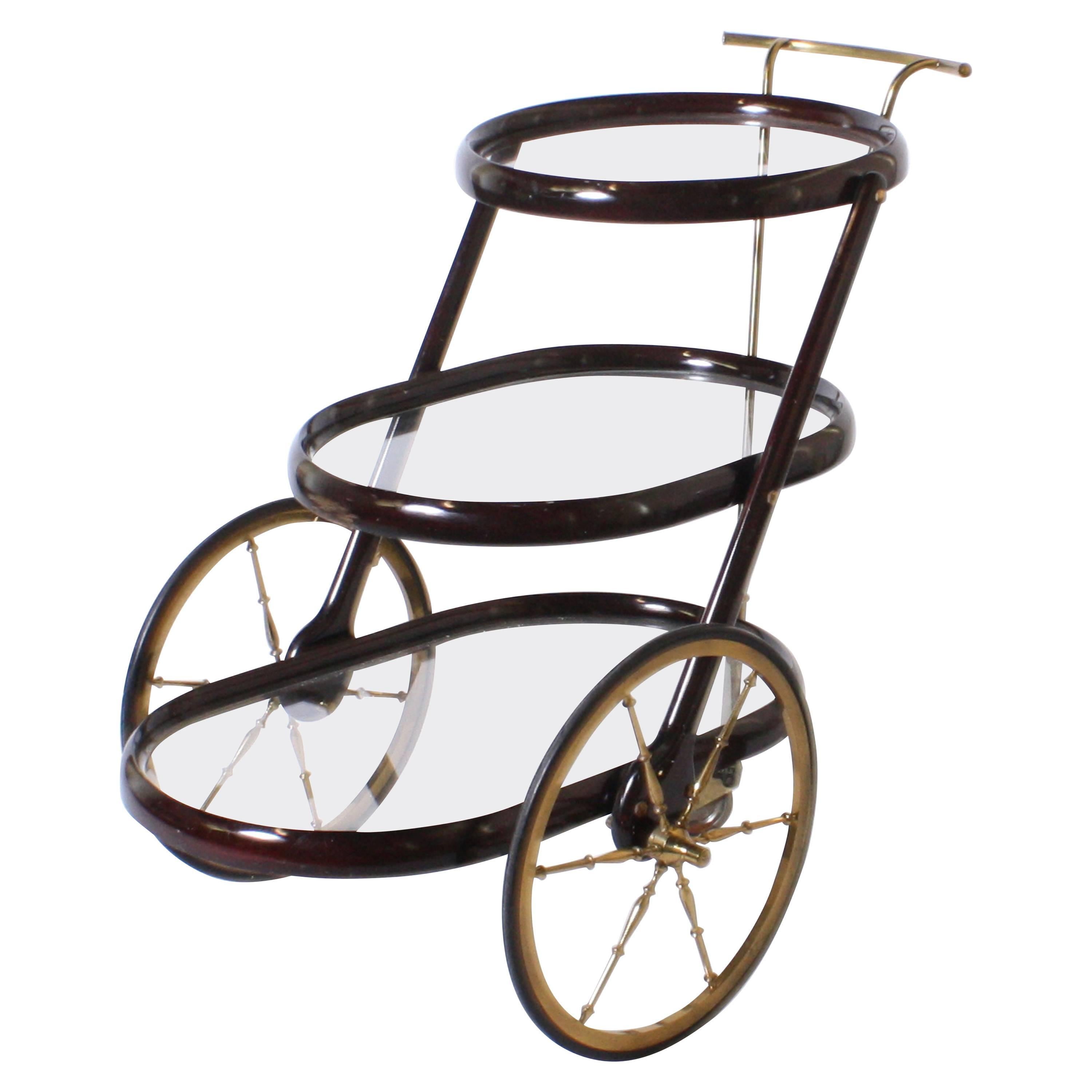Italian Wood and Brass Bar Cart in the Style of Cesare Locca, circa 1950