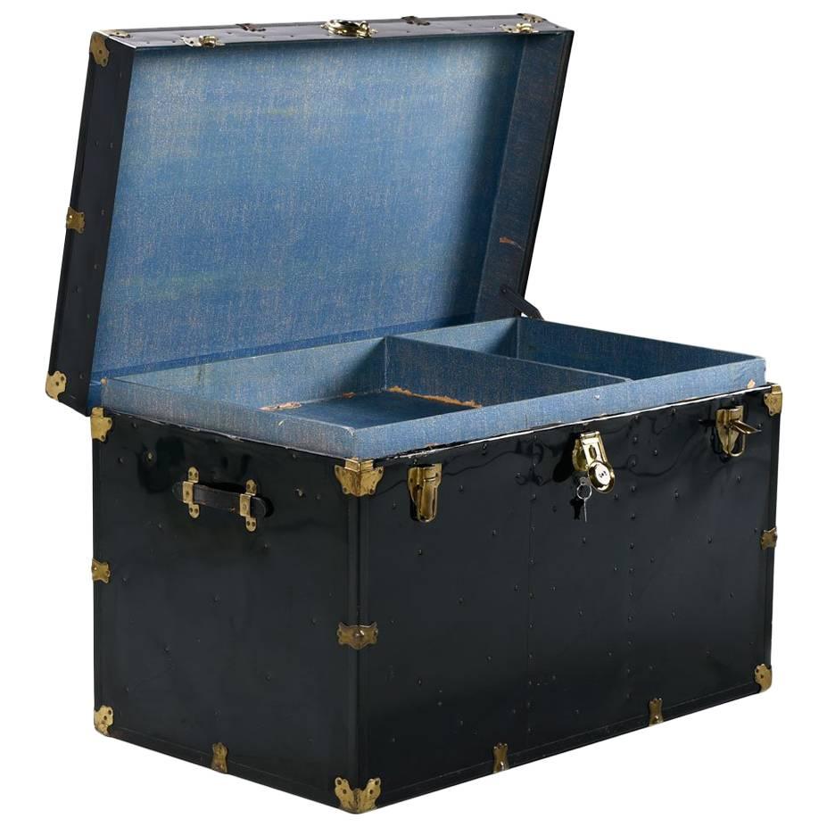 Black Enamel Leather Handle Campaign Style Steamer Military Trunk