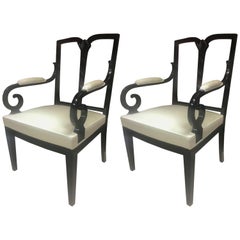 Swedish Neoclassic Pair of Chair with Carved Back and Fully Restored in Silk