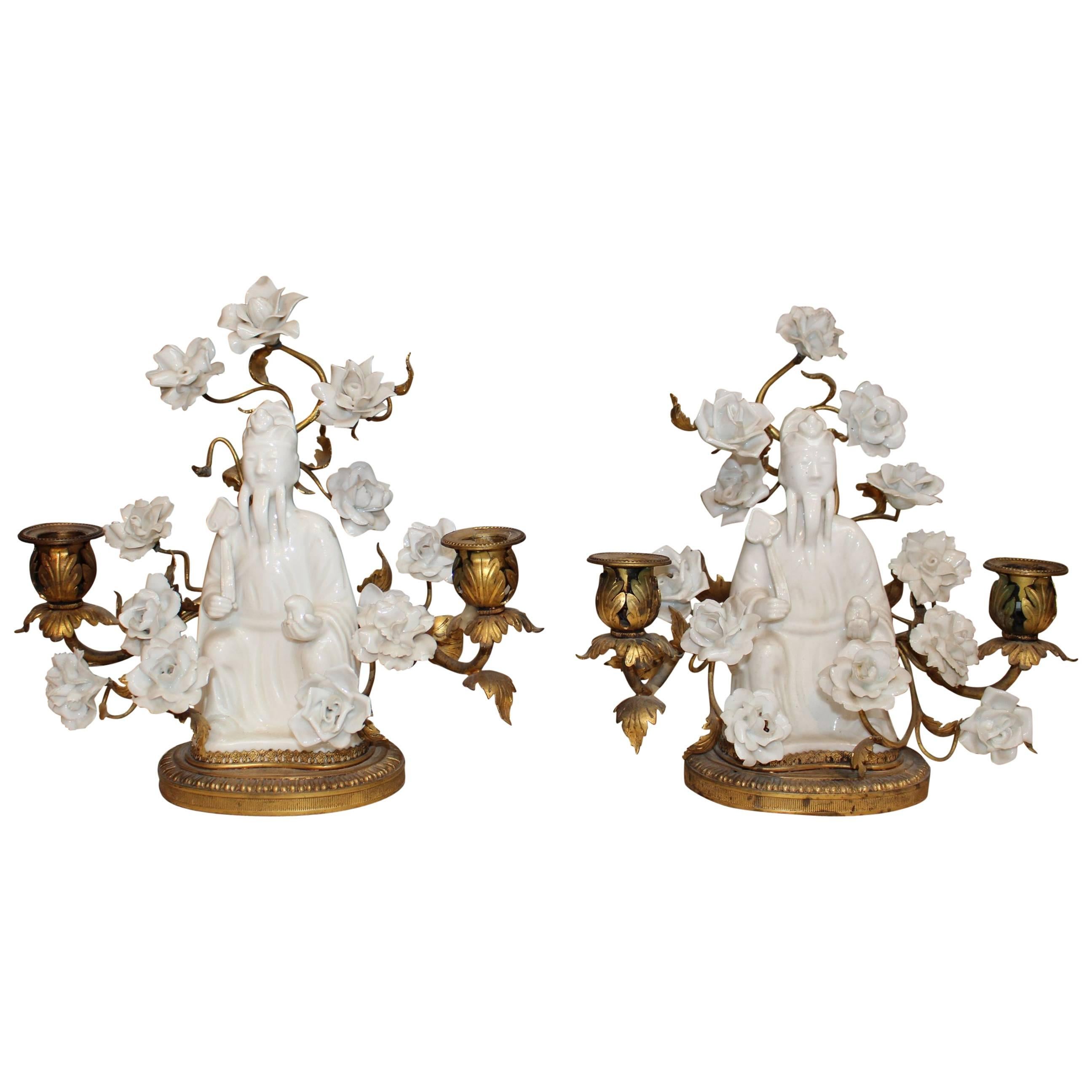 Pair of Chinese and French Porcelain Girandoles with Bronze Mounts