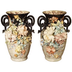 Paire de vases Barbotine français du 19ème siècle:: Edouard Gilles:: Paris