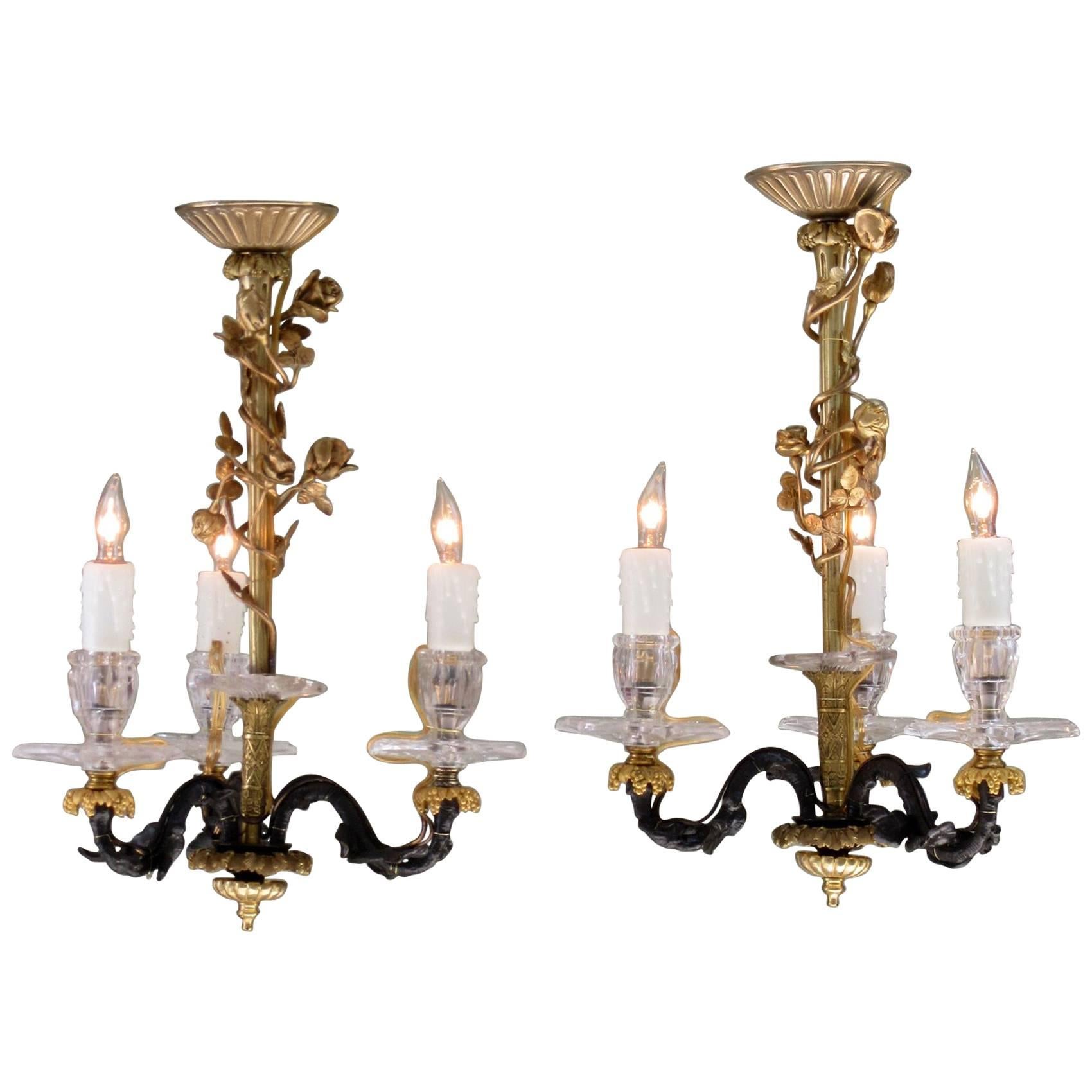 Pair of Small 19th Century French Louis XIV Bronze Dore Rock Crystal Chandeliers