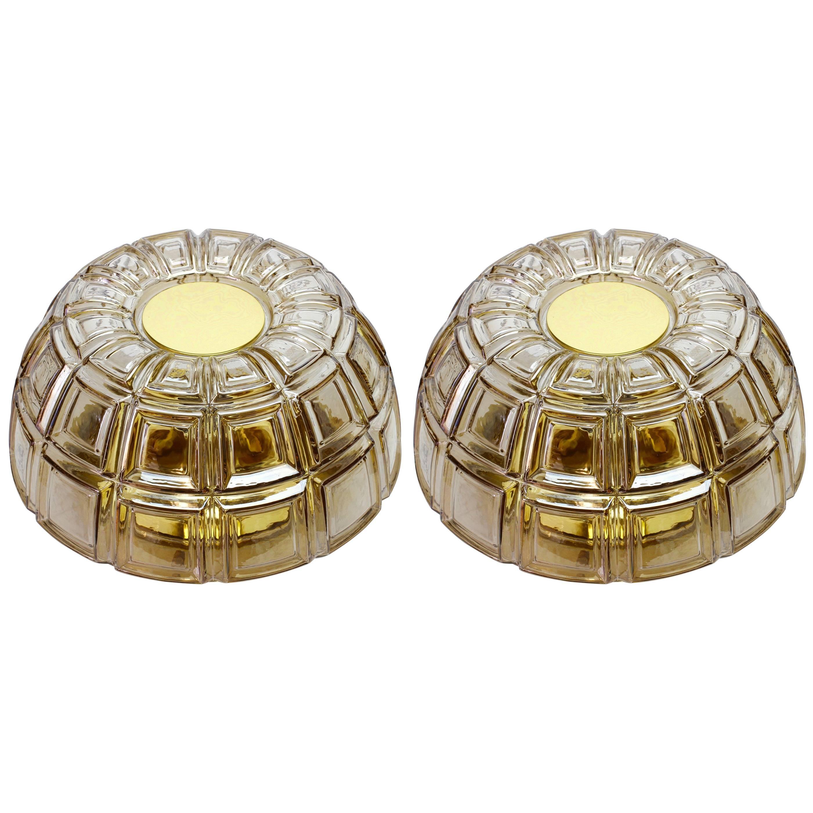 Pair of Topaz Toned Textured Glass Flush Mount Wall Lights or Sconces by Limburg