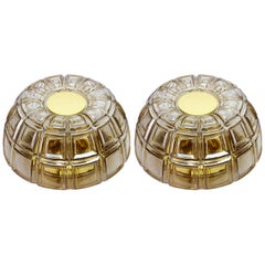 Vintage Pair of Topaz Toned Textured Glass Flush Mount Wall Lights or Sconces by Limburg