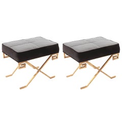Pair of Gilt Iron Benches Supported by X-Form Bases with Greek Key Motif 8