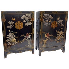 Pair of Chinese Black Lacquer Cabinets with Hardstone Inlay 4