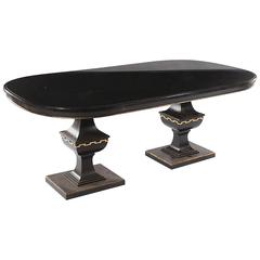 Whimsical Ebonized Dining Table With Glass Top On Urn-Shaped Pedestal Base