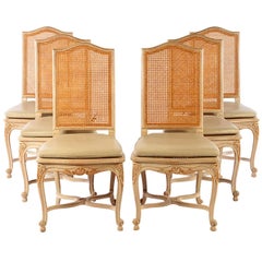 Set of Six Louis XV Style High Back Caned and Painted Dining Chairs 4
