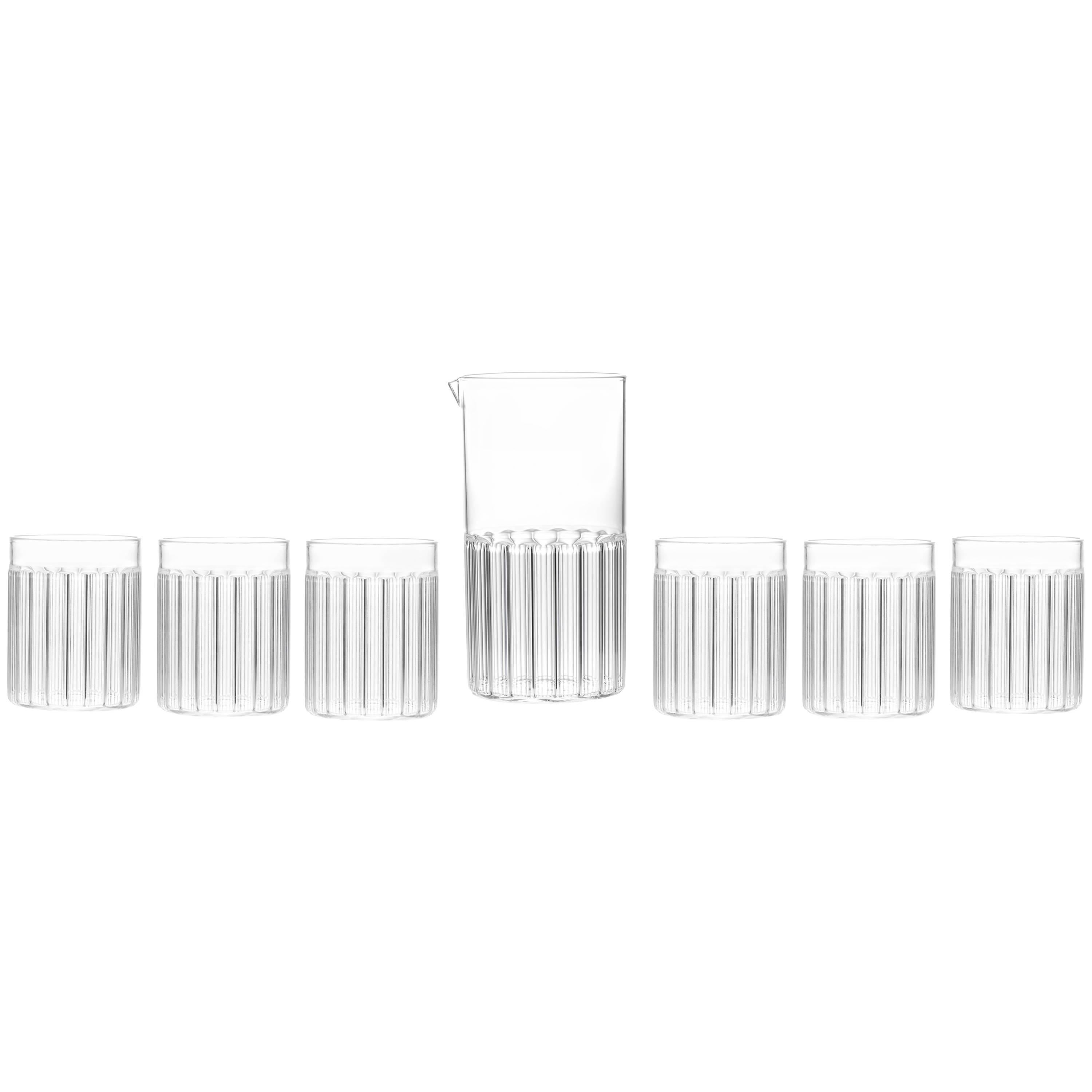 fferrone Contemporary Czech Minimal Carafe Pitcher with Six Tumbler Glasses Set For Sale