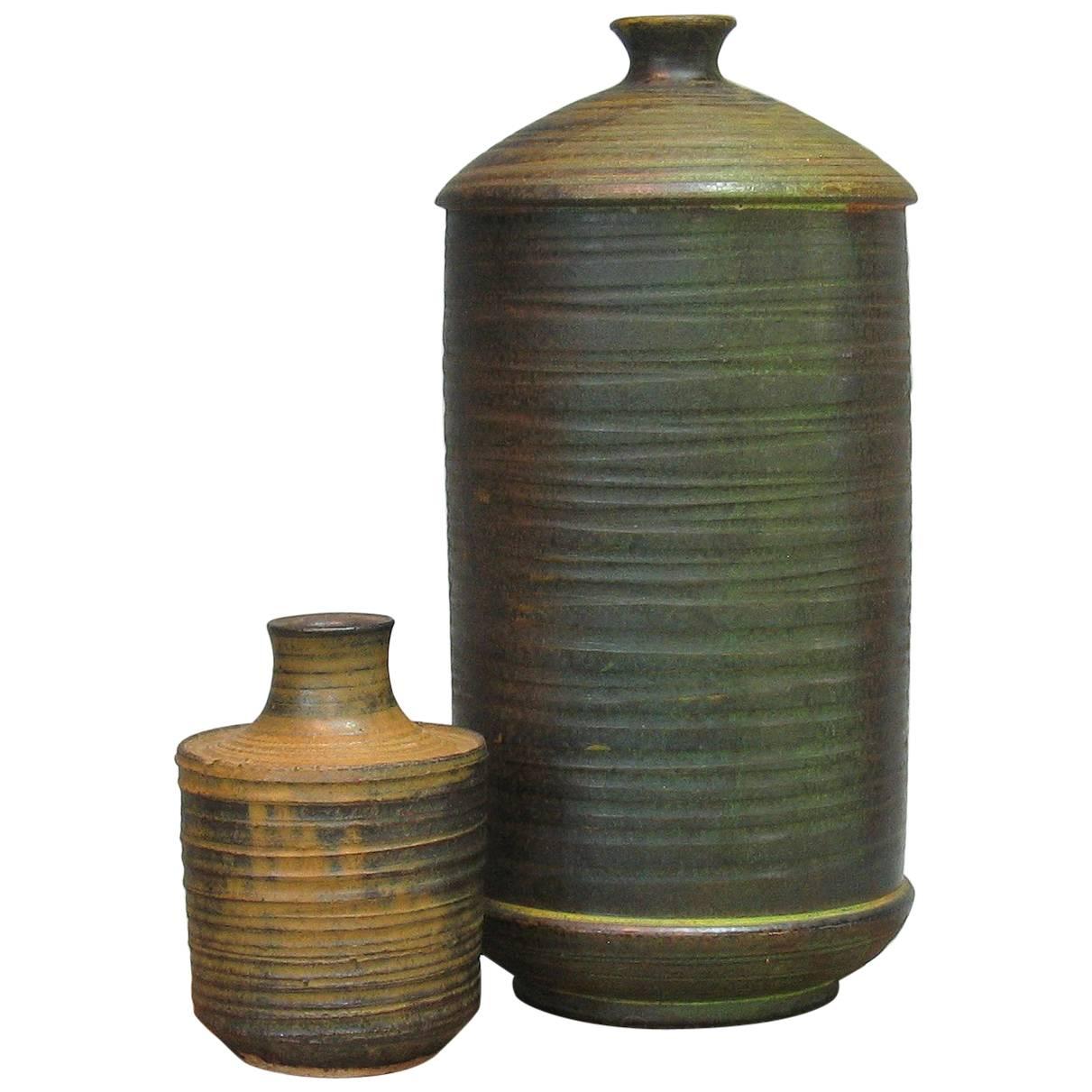Complimentary Pair of Cylindrical Art Pottery Vases For Sale