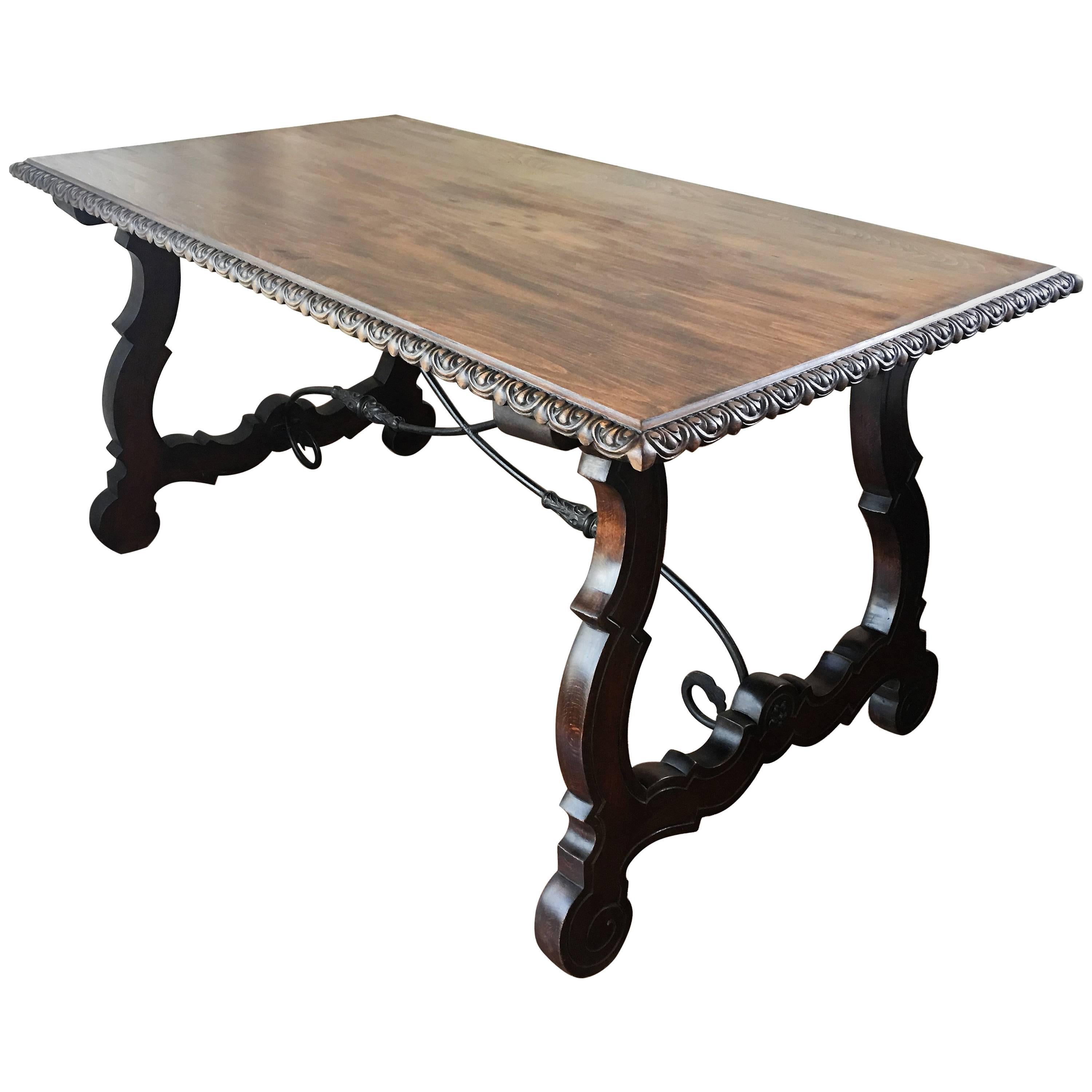 19th Century Trestle Farm Table with Lyre Legs and Iron Stretcher