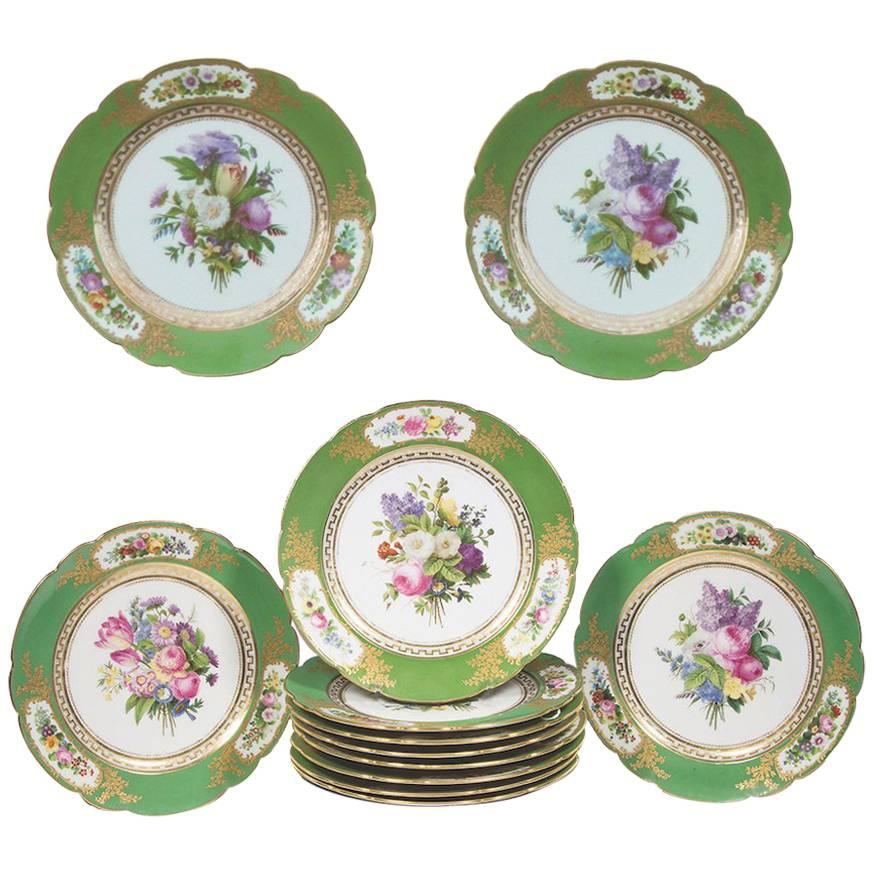 Set of 12 Old Paris Feuillet Porcelain Green-Ground Dessert Plates For Sale