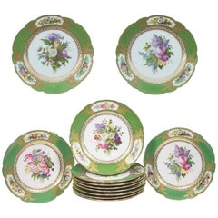 Set of 12 Old Paris Feuillet Porcelain Green-Ground Dessert Plates