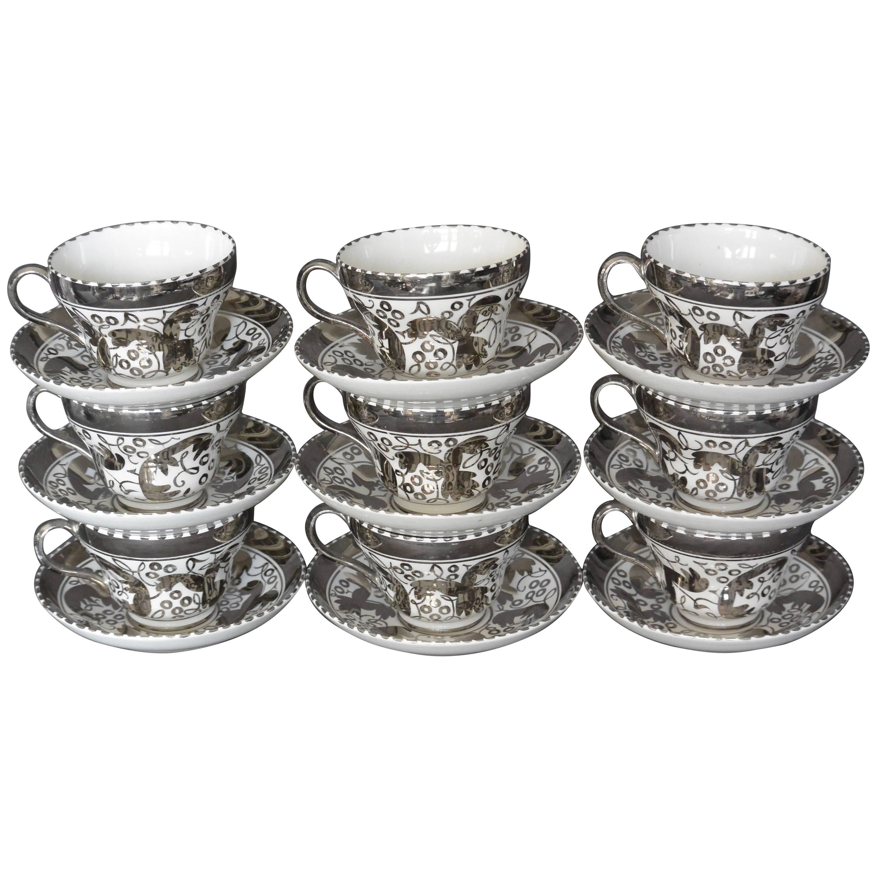 Set of Nine Vintage Wedgwood Platinum Cups and Saucers