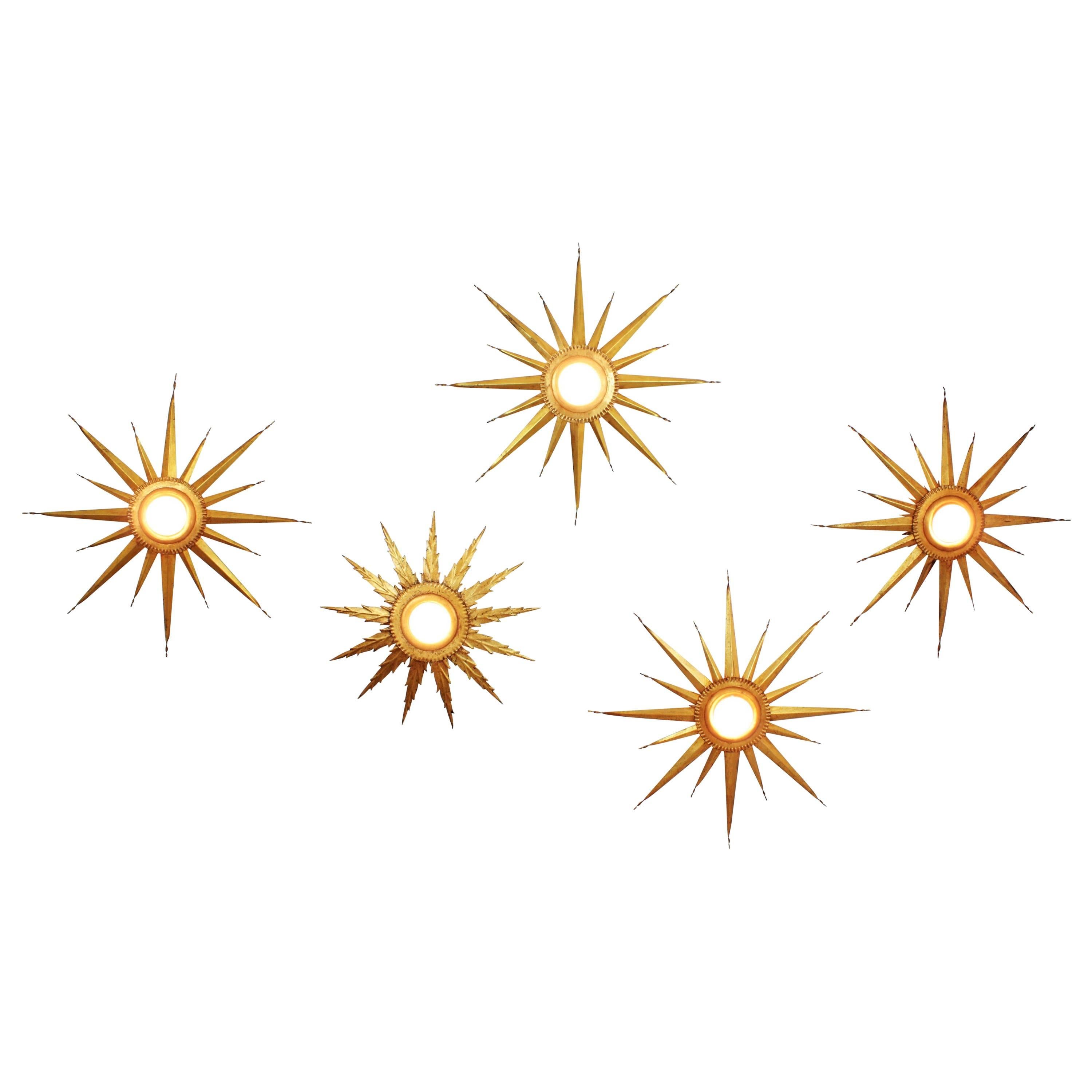 Set of Twelve Brutalist Gilt Iron Starburst Light Fixtures Constellation