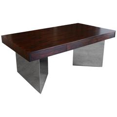 Rosewood and Mirror Polished Stainless Steel Executive Desk by Pace Collection