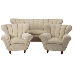 Paolo Buffa Attributed Sofa and Pair of Armchairs Newly Covered in Ecru Chenille