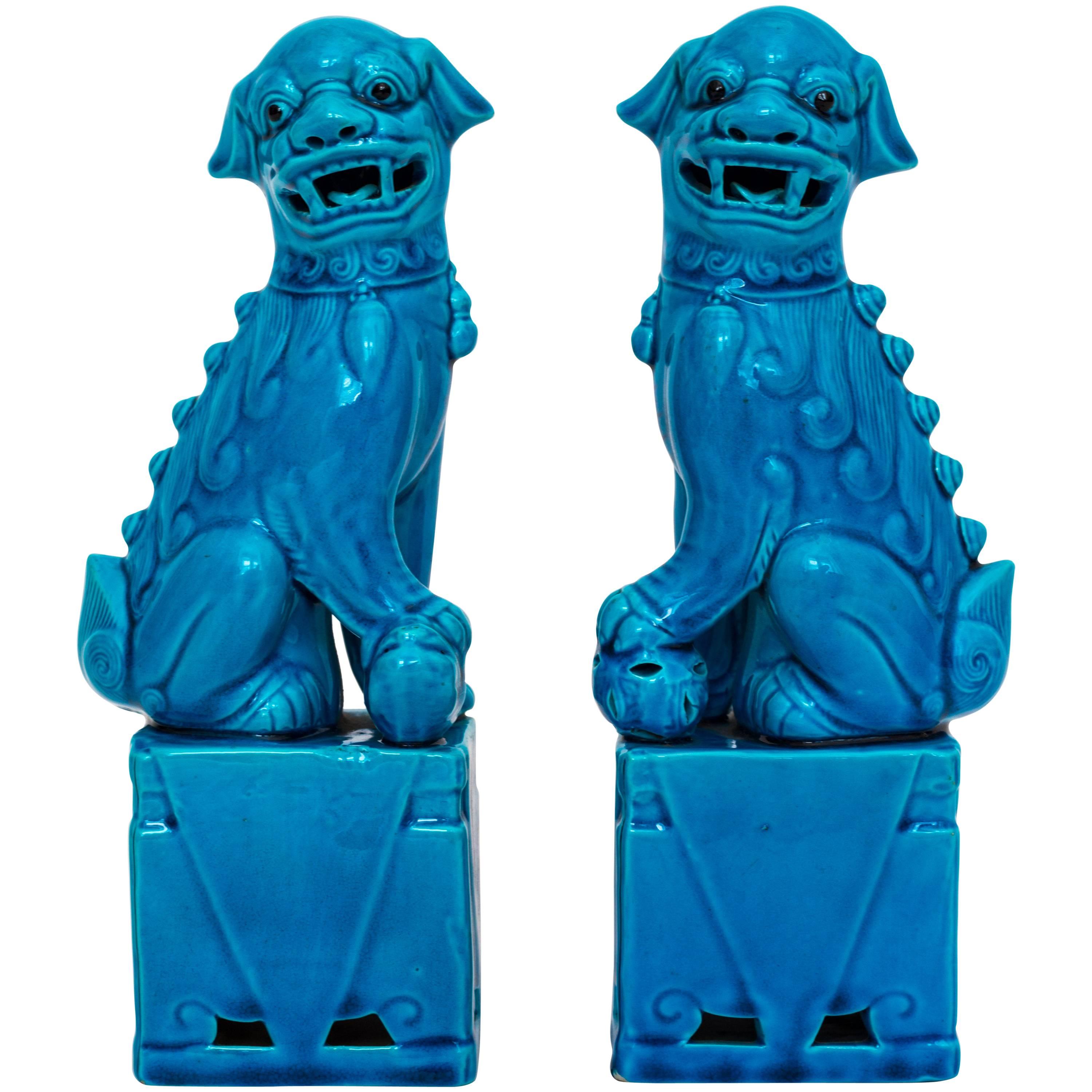 Pair of Vintage Figures of Chinese Export Turquoise Guardian Lions or Foo Dogs