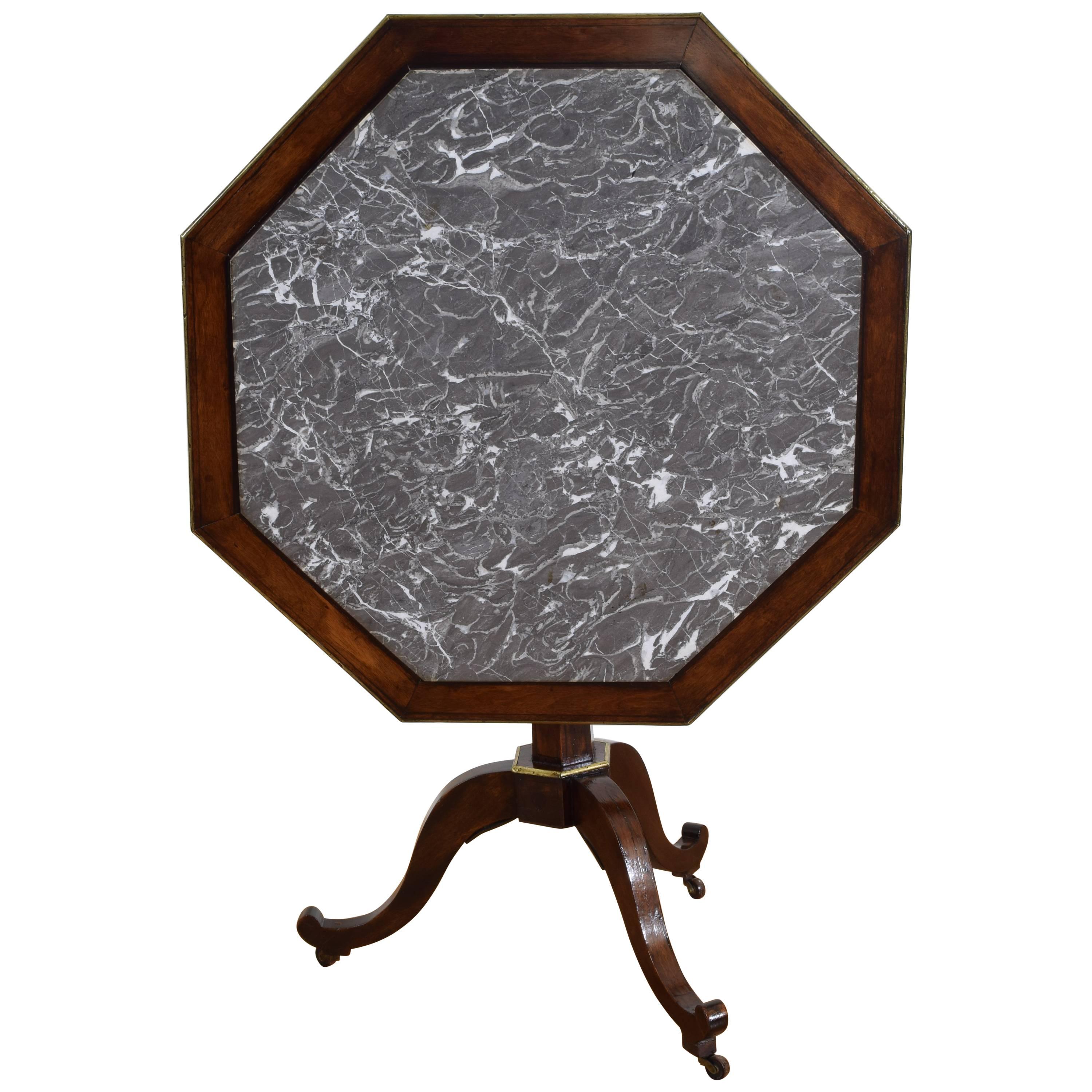 French Restauration Mahogany Brass & Marble Tilt-Top Table, Early 19th Century