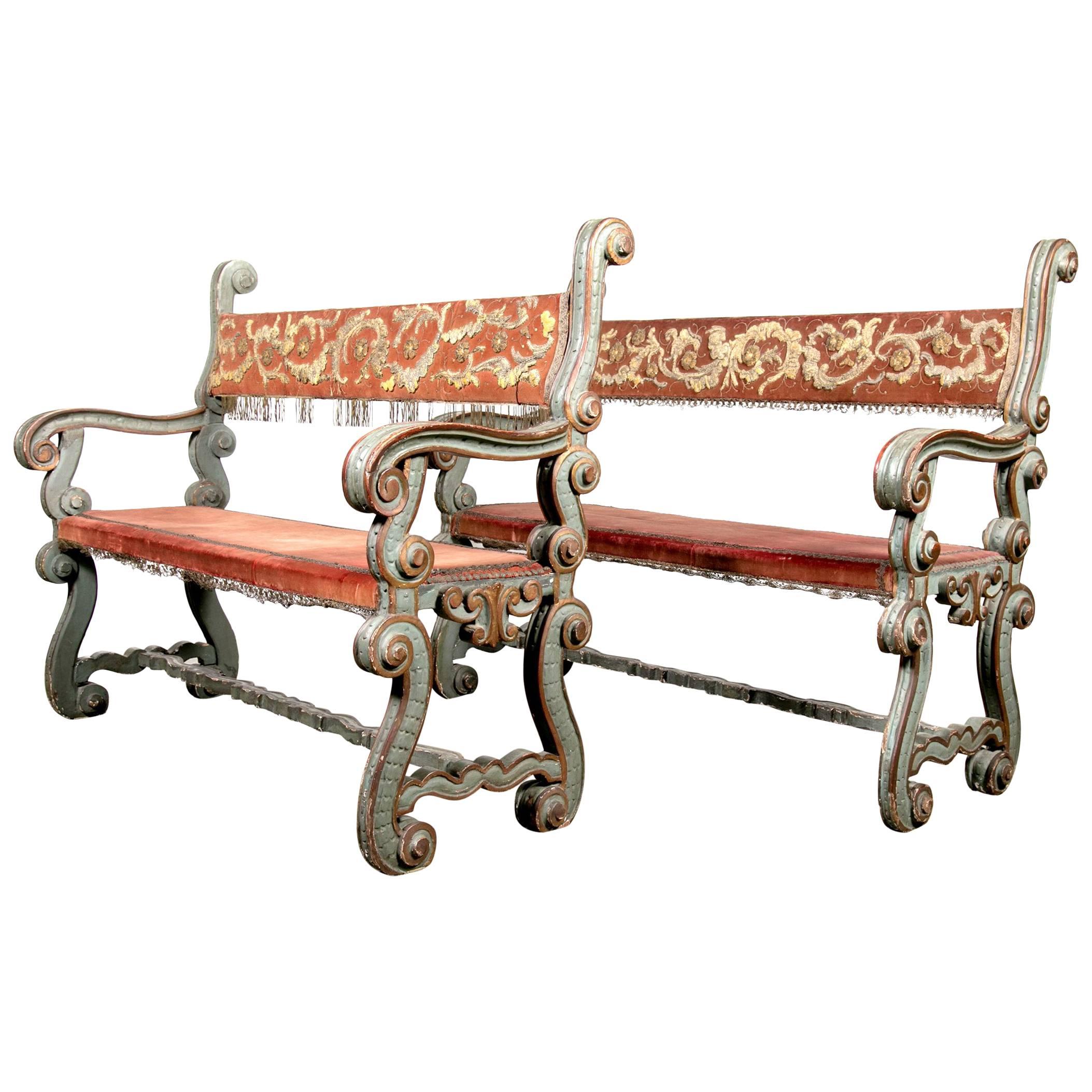Pair of 18th Century Carved and Painted Baroque Tuscan Arm Benches